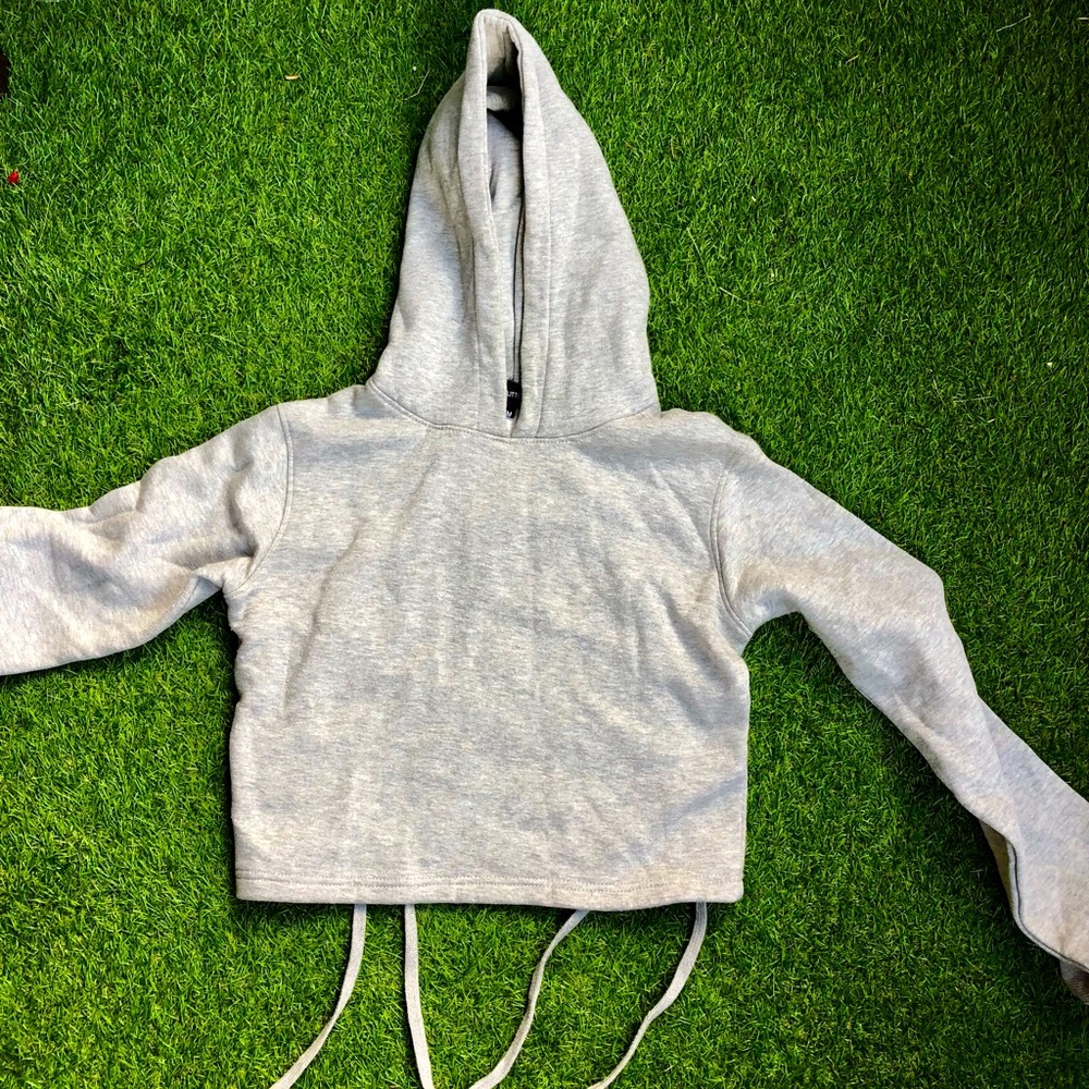 Gray Cropped Hoodie with open back & tie up strings